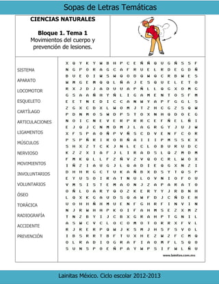 Sopas de Letras Temáticas
Lainitas México. Ciclo escolar 2012-2013
CIENCIAS NATURALES
Bloque 1. Tema 1
Movimientos del cuerpo y
prevención de lesiones.
SISTEMA
APARATO
LOCOMOTOR
ESQUELETO
CARTÍLAGO
ARTICULACIONES
LIGAMENTOS
MÚSCULOS
NERVIOSO
MOVIMIENTOS
INVOLUNTARIOS
VOLUNTARIOS
ÓSEO
TORÁCICA
RADIOGRAFÍA
ACCIDENTE
PREVENCIÓN
 