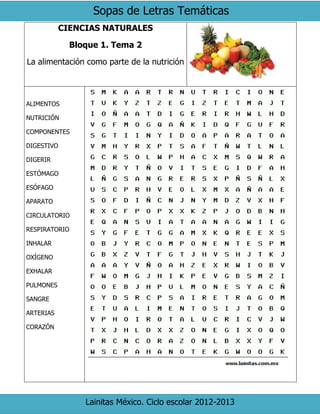 Sopas de Letras Temáticas
Lainitas México. Ciclo escolar 2012-2013
CIENCIAS NATURALES
Bloque 1. Tema 2
La alimentación como parte de la nutrición
ALIMENTOS
NUTRICIÓN
COMPONENTES
DIGESTIVO
DIGERIR
ESTÓMAGO
ESÓFAGO
APARATO
CIRCULATORIO
RESPIRATORIO
INHALAR
OXÍGENO
EXHALAR
PULMONES
SANGRE
ARTERIAS
CORAZÓN
 
