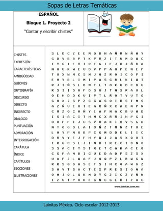 Sopas de Letras Temáticas
Lainitas México. Ciclo escolar 2012-2013
ESPAÑOL
Bloque 1. Proyecto 2
“Contar y escribir chistes”
CHISTES
EXPRESIÓN
CARACTERÍSTICAS
AMBIGÜEDAD
GUIONES
ORTOGRAFÍA
DISCURSO
DIRECTO
INDIRECTO
DIÁLOGO
PUNTUACIÓN
ADMIRACIÓN
INTERROGACIÓN
CARÁTULA
ÍNDICE
CAPÍTULOS
SECCIONES
ILUSTRACIONES
 
