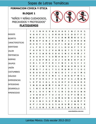 Sopas de Letras Temáticas
Lainitas México. Ciclo escolar 2012-2013
FORMACION CIVICA Y ETICA
BLOQUE 1
“NIÑOS Y NIÑAS CUIDADOSOS,
PRECAVIDOS Y PROTEGIDOS”
PLATIQUEMOS
RASGOS
RESPETO
CARACTERISTICAS
IDENTIDAD
VALOR
PERTENECIA
NORMAS
GRUPOS
UNIÓN
COSTUMBRES
DIÁLOGO
EXPERIENCIAS
INTEGRIDAD
DESARROLLO
APRENDIZAJE
 