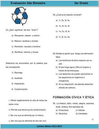 Evaluación 2do Bimestre 3er Grado 
11 
53.¿Qué significan las tres “erres”? 
a) Recuperar, reparar y reducir. 
b) Reducir, reutilizar y reciclar. 
c) Remediar, rescatar y recobrar. 
d) Rectificar, retomar y revisar. 
Relaciona los enunciados con la palabra que 
les corresponda. 
Lainitas México 2013-2014 
1) Reciclaje. 
2) Autótrofo. 
3) Heterótrofo. 
4) Contaminación. 
r. Afecta negativamente la vida de todos los 
seres vivos. 
s. Permite que disminuya la contaminación. 
t. Ser vivo que se alimenta por sí mismo. 
u. Ser vivo que se alimenta de otro ser vivo. 
54.¿Cuál es la relación correcta? 
a) 1r, 2s, 3t, 4u. 
b) 1s, 2t, 3u, 4r. 
c) 1s, 2u, 3t, 4r. 
d) 1r, 2t, 3u, 4s. 
55.Señala la opción que tenga una afirmación 
falsa. 
a) Las lombrices de tierra respiran por su 
piel. 
b) El pez traga agua y filtra el oxígeno a 
través de las branquias. 
c) Los desechos se pueden aprovechar si 
los separamos en orgánicos e 
inorgánicos. 
d) En su respiración, las plantas desechan 
dióxido de carbono. 
FORMACIÓN CÍVICA Y ÉTICA 
56. La tristeza, dolor, miedo, alegría, sorpresa, 
duda, certeza. Son ejemplos de: 
a) Emociones. c) Valores. 
b) Derechos. d) Libertades. 
 