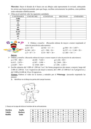 Miercoles: Hacer el dictado de 6 líneas con sus dibujos cada representante lo revisará, subrayando
los errores que hayan presentado, para que luego, escriban correctamente las palabras, estas palabras
serán ordenadas alfabéticamente
 Ubica en el cartel de valor las siguientes cantidades
CANTIDADES UND DE MIL . CENTENAS DECENAS UNIDADES
3.401
532
8
279
45
896
9.147
655
63
4
 Ordena y resuelve (Recuerda ordenar de mayor a menor respetando el
valor de posición de cada numero)
a) 63 + 81= d) 542 + 11 + 5 = g) 508 + 54 + 3.057 =
b) 248 + 621= e) 3 + 508 + 24 = h) 357 + 6 + 3.140 + 20 =
c) 5 + 87 + 3= f) 19 + 987 + 30 = i) 1.805 + 54+ 1 =
Jueves:
 Ordena y resuelve (Recuerda ordenar de mayor a menor respeta el valor de posición de cada número)
a) 1.795 – 806 = d) 438 – 7.654 = g) 1.226 - 328 =
b) 615 – 2.879 = e) 507 – 1.890 = h) 2.869 – 358 =
c) 6.687 – 745 = f) 4.920 - 689 = i) 7.296 – 2.435 =
 Escribe números del 1.000 al 1.200 de 2 en 2 de forma progresivos (de menor a mayor), luego del
2.400 al 2.200 de 3 en 3 regresivos (de mayor a menor), del 3.400 al 3.600 de 5 en 5 progresivos y
del 5.000 al 4.600 de 10 en 10 regresivos.
Viernes: Elabora el video de la lectura y mándalo por el Whatsapp (recuerda respetando las
pausas)
1.- Identificar en el dibujo las partes del cuerpo humano
2- Busca en la sopa de letras el nombre de las articulaciones
Hombro Cuello
Tobillo Muñeca
Rodilla Codo
N C P P V T D C S M R
H O M M R O I U O U O
Y D A B F B D E U Ñ N
O O R O D I L L A E O
M E N S T L U L C C O
O T O B I L L O Y A S
 