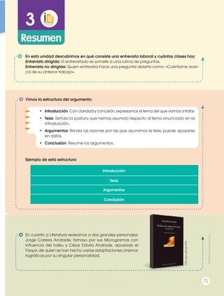 3
Resumen
En esta unidad descubrimos en qué consiste una entrevista laboral y cuántas clases hay:
Entrevista dirigida: El entrevistado se somete a una rutina de preguntas.
Entrevista no dirigida: Quien entrevista hace una pregunta abierta como: «Cuéntame acer-
ca de su anterior trabajo».
En cuanto a Literatura revisamos a dos grandes personajes:
Jorge Carrera Andrade, famoso por sus Microgramas con
influencia del haiku y César Dávila Andrade, apodado el
Faquir, de quien se han hecho varias adaptaciones cinema-
tográficas por su singular personalidad.
Vimos la estructura del argumento:
Introducción:
Tesis:
Argumentos:
Conclusión:
•	 Introducción: Con claridad y concisión, expresamos el tema del que vamos a tratar.
•	Tesis: Señala la postura que hemos asumido respecto al tema enunciado en la
introducción.
•	 Argumentos: Brinda las razones por las que asumimos la tesis; puede apoyarse
en datos.
•	 Conclusión: Resume los argumentos.
Ejemplo de esta estructura
http://goo.gl/nghVMo
Prohibidasureproducción
71
 