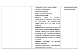  ¿Por qué leer te lleva a lugares increíbles?
 ¿Por qué el libro te da alas?
 Socializo mis respuestas.
 Empleo del proceso de la lectura.
 CONCEPTUALIZACIÓN
 Prelectura: análisis de paratextos,
establecimiento del propósito de la lectura por
qué y para que voy a leer, recuerdo de los
saberes previos de lo que sabe de los
avestruces.
 Relectura para la comprensión de ideas que
están explicitas en el texto, relectura selectiva.
 Entender el significado de palabras nuevas y
comprender el texto. (significado de palabras
empleando la estrategia por derivación –familia
de palabras- sinonimia- antonimia y de acuerdo
al contexto)
 Poslectura: identificación de elementos
explícitos de la lectura.
 Parafraseo de la lectura para la auterrogulación
de la comprensión de los textos.
contextualización para la
comprensión del texto.
 