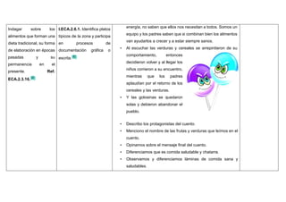 Indagar sobre los
alimentos que forman una
dieta tradicional, su forma
de elaboración en épocas
pasadas y su
permanencia en el
presente. Ref.
ECA.2.3.16.
I.ECA.2.6.1. Identifica platos
típicos de la zona y participa
en procesos de
documentación gráfica o
escrita.
energía, no saben que ellos nos necesitan a todos. Somos un
equipo y los padres saben que si combinan bien los alimentos
van ayudarlos a crecer y a estar siempre sanos.
• Al escuchar las verduras y cereales se arrepintieron de su
comportamiento, entonces
decidieron volver y al llegar los
niños corrieron a su encuentro,
mientras que los padres
aplaudían por el retorno de los
cereales y las verduras.
• Y las golosinas se quedaron
solas y debieron abandonar el
pueblo.
• Describo los protagonistas del cuento.
• Menciono el nombre de las frutas y verduras que leímos en el
cuento.
• Opinamos sobre el mensaje final del cuento.
• Diferenciamos que es comida saludable y chatarra.
• Observamos y diferenciamos láminas de comida sana y
saludables.
 