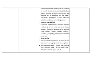 cuando comprende el significado de las palabras
de acuerdo al contexto, conciencia sintáctica:
cuando identifica la función que cumplen las
palabras en la expresión de sus ideas,
conciencia fonológica: cuando reflexiona
sobre los sonidos que forman las palabras.
 CONCEPTUALIZACIÓN
 Explicación que las frases u oraciones permiten
averiguar y conocer más las cosas, ideas,
hechos y situaciones, a través de las palabras
¿qué?, ¿quién?, ¿cómo?, ¿dónde?, ¿cuándo?,
¿cuánto?, ¿por qué? y ¿cuál? ayudan a formular
preguntas.
 APLICACIÓN
 Conversación de experiencias de la escuela, de
la casa entre pares y representa en un gráfico.
 Leo el siguiente texto y escribo una pregunta
cuya respuesta esté en el mismo texto,
utilizando la fórmula ¿Para qué…?
 