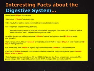 Interesting Facts about the 
Digestive System… 
•We eat about 500kg of food per year. 
•We produce 1.7 litres of saliva each day. 
•In the mouth, food is either cooled or warmed to a more suitable temperature. 
•The oesophagus is approximately 25cm long. 
•Muscles contract in waves to move the food down the esophageus. This means that food would get to a 
person's stomach, even if they were standing on their head. 
•An adults stomach can hold approximately 1.5 litres of material and produces about 2.5 litres of gastric 
juice everyday. 
•In an average person, it takes 8 seconds for food to travel down the food pipe, 3-5 hours in small intestine and 3-4 
days in the large intestine. 
•The human body takes 6 hours to digest a high fat meal and takes 2 hours for a carbohydrate meal. 
•Every day 11.5 litres of digested food, liquids and digestive juices flow through the digestive system, but only 
100mls is lost in faeces. 
•Most of us pass somewhere between 200 and 2,000 ml of gas per day. These emissions are composed of five 
gasses: nitrogen (N2), oxygen (O2), carbon dioxide (CO2), hydrogen (H2), and methane (CH4). 
 