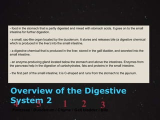 - food in the stomach that is partly digested and mixed with stomach acids. It goes on to the small 
intestine for further digestion. 
- a small, sac-like organ located by the duodenum. It stores and releases bile (a digestive chemical 
which is produced in the liver) into the small intestine. 
- a digestive chemical that is produced in the liver, stored in the gall bladder, and secreted into the 
small intestine. 
- an enzyme-producing gland located below the stomach and above the intestines. Enzymes from 
the pancreas help in the digestion of carbohydrates, fats and proteins in the small intestine. 
- the first part of the small intestine; it is C-shaped and runs from the stomach to the jejunum. 
Overview of the Digestive 
System 2 
4 5 1 2 3 
Pancreas / Duodenum / Chyme / Gall bladder / Bile 
 
