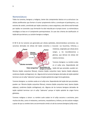 9
Nomenclatura
Todos los tumores, benignos y malignos, tienen dos componentes básicos en su estructura: Las
células proliferantes que forman el tumor propiamente dicho y constituyen el parénquima, y su
estroma de sostén, constituido por tejido conectivo y vasos sanguíneos, este último está formado
por tejidos no tumorales cuya formación ha sido inducida por el propio tumor. La nomenclatura
oncológica se basa en el componente parenquimatoso. Se usan dos criterios de clasificación: el
tejido del que derivan y su carácter benigno o maligno.
El 90 % de los tumores son generados por células epiteliales, denominándose carcinomas. Los
sarcomas derivados de células del tejido conectivo o muscular. Las leucemias, linfomas, y
mielomas, originados por células de la
sangre, y los neuroblastomas y
gliomas, que derivan de células del
sistema nervioso.
Tumores benignos: su nombre acaba
en el sufijo oma. Dependiendo del
tejido del que procedan, pueden ser:
fibroma (tejido conjuntivo fibroso), mixoma (tejido conjuntivo laxo), lipoma (tejido adiposo),
condroma (tejido cartilaginoso), etc. Algunos de los tumores benignos derivados de tejido epitelial
terminan con el sufijo "adenoma" porque el tejido epitelial de origen forma glándulas.
Tumores benignos: su nombre acaba en el sufijo oma. Dependiendo del tejido del que procedan,
pueden ser: fibroma (tejido conjuntivo fibroso), mixoma (tejido conjuntivo laxo), lipoma (tejido
adiposo), condroma (tejido cartilaginoso), etc. Algunos de los tumores benignos derivados de
tejido epitelial terminan con el sufijo "adenoma" porque el tejido epitelial de origen forma
glándulas.
Tumores malignos o cáncer: su nombre suele acabar en el sufijo sarcoma o carcinoma, pero
muchos de ellos, como el melanoma, seminoma, mesotelioma y linfoma, son de carácter maligno
a pesar de que su nombre tiene una terminación similar a la de los tumores benignos (sufijo oma).
 