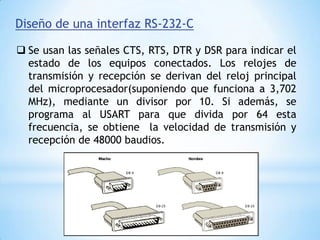 Realiza todas las operaciones necesarias para serializar la información transformada y transformar en paralelo la que recibe.8251 USARTGenera las formas de onda correspondiente  a la velocidad de transmisión seleccionada y la que sincroniza la recepción.Diseño de una interfaz RS-232-CBUS DE DATOSDO-D7Diseño de una comunicación doble que sigue la norma RS-232-CBUS DE DIRECCIONESAO-A15A1-A2-A3G2AG174138IO/M G2BCS A0T∗D DATOS ENVIADOS C/D D0-D7MICROPROCESADORDTR  CONTROLRESETRESETRTS  RD RD WR USART 82581WR 1488CLK 3,07 MHzCLK 5VDATOS ENVIADOS R∗D T+RDY INTR∗RDY DSR TxC 74190CTS CONTROLR∗C 1489