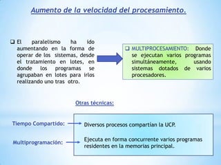 El incremento de la potencia de las máquinas programadas no solo se consigue con la aplicación de los últimos avances , sino mejorando sus arquitectura interna y los  recursos del sistema lógico.El reforzamiento del paralelismo y el aumento de la velocidad del procesamientoEstas características están motivadas por tres causas: