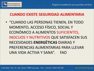 09/09/2014 14
CUANDO EXISTE SEGURIDAD ALIMENTARIA
• “CUANDO LAS PERSONAS TIENEN, EN TODO
MOMENTO, ACCESO FÍSICO, SOCIAL Y
ECONÓMICO A ALIMENTOS SUFICIENTES,
INOCUOS Y NUTRITIVOS QUE SATISFACEN SUS
NECESIDADES ENERGÉTICAS DIARIAS Y
PREFERENCIAS ALIMENTARIAS PARA LLEVAR
UNA VIDA ACTIVA Y SANA”. FAO
 