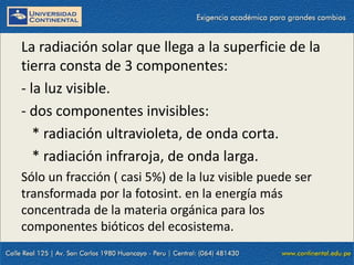 09/09/2014 21
La radiación solar que llega a la superficie de la
tierra consta de 3 componentes:
- la luz visible.
- dos componentes invisibles:
* radiación ultravioleta, de onda corta.
* radiación infraroja, de onda larga.
Sólo un fracción ( casi 5%) de la luz visible puede ser
transformada por la fotosint. en la energía más
concentrada de la materia orgánica para los
componentes bióticos del ecosistema.
 
