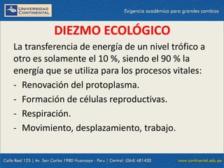 09/09/2014 8
DIEZMO ECOLÓGICO
La transferencia de energía de un nivel trófico a
otro es solamente el 10 %, siendo el 90 % la
energía que se utiliza para los procesos vitales:
- Renovación del protoplasma.
- Formación de células reproductivas.
- Respiración.
- Movimiento, desplazamiento, trabajo.
 