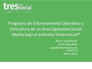 Programa de Entrenamiento Operativo y
Estructura de un Área Operativa Social
Media bajo el estándar tresensocial®
Serie Capacitación
Autor Jorge Avila
jorge@tresensocial.com
Versión 8
Marzo 2013

 