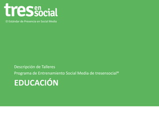 El Estándar de Presencia en Social Media

Descripción de Talleres
Programa de Entrenamiento Social Media de tresensocial®

EDUCACIÓN

 