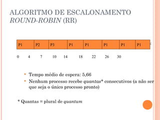 25
ALGORITMO DE ESCALONAMENTO
ROUND-ROBIN (RR)
 Tempo médio de espera: 5,66
 Nenhum processo recebe quantas* consecutivos (a não ser
que seja o único processo pronto)
* Quantas = plural de quantum
P1 P2 P3 P1
0 4 7 10 14 18 22 26 30
P1 P1 P1 P1
 