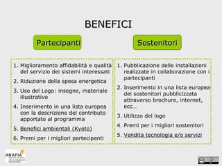 Miglioramento affidabilità e qualità del servizio dei sistemi interessati Riduzione della spesa energetica Uso del Logo: insegne, materiale illustrativo Inserimento in una lista europea con la descrizione del contributo apportato al programma Benefici ambientali (Kyoto) Premi per i migliori partecipanti Pubblicazione delle installazioni realizzate in collaborazione con i partecipanti Inserimento in una lista europea dei sostenitori pubblicizzata attraverso brochure, internet, ecc…  Utilizzo del logo Premi per i migliori sostenitori Vendita tecnologia e/o servizi BENEFICI Partecipanti Sostenitori 