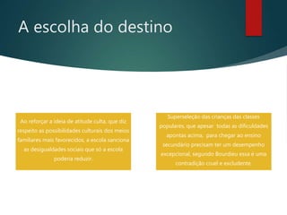 A escolha do destino
Ao reforçar a ideia de atitude culta, que diz
respeito as possibilidades culturais dos meios
familiares mais favorecidos, a escola sanciona
as desigualdades sociais que só a escola
poderia reduzir.
Superseleção das crianças das classes
populares, que apesar todas as dificuldades
apontas acima, para chegar ao ensino
secundário precisam ter um desempenho
excepcional, segundo Bourdieu essa é uma
contradição cruel e excludente.
 