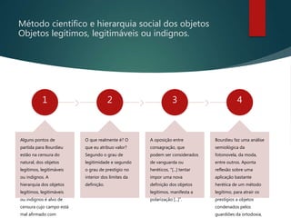 Método científico e hierarquia social dos objetos
Objetos legítimos, legitimáveis ou indignos.
1
Alguns pontos de
partida para Bourdieu
estão na censura do
natural, dos objetos
legítimos, legitimáveis
ou indignos. A
hierarquia dos objetos
legítimos, legitimáveis
ou indignos é alvo de
censura cujo campo está
mal afirmado com
2
O que realmente é? O
que eu atribuo valor?
Segundo o grau de
legitimidade e segundo
o grau de prestígio no
interior dos limites da
definição.
3
A oposição entre
consagração, que
podem ser considerados
de vanguarda ou
heréticos, “[...] tentar
impor uma nova
definição dos objetos
legítimos, manifesta a
polarização [...]”.
4
Bourdieu faz uma análise
semiológica da
fotonovela, da moda,
entre outros. Aponta
reflexão sobre uma
aplicação bastante
herética de um método
legítimo, para atrair os
prestígios a objetos
condenados pelos
guardiões da ortodoxia,
 
