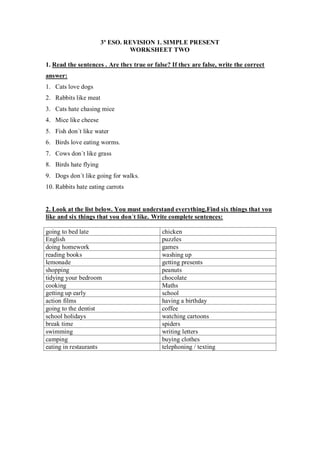 3º ESO. REVISION 1. SIMPLE PRESENT
                                WORKSHEET TWO

1. Read the sentences . Are they true or false? If they are false, write the correct
answer:
1. Cats love dogs
2. Rabbits like meat
3. Cats hate chasing mice
4. Mice like cheese
5. Fish don´t like water
6. Birds love eating worms.
7. Cows don´t like grass
8. Birds hate flying
9. Dogs don´t like going for walks.
10. Rabbits hate eating carrots


2. Look at the list below. You must understand everything.Find six things that you
like and six things that you don´t like. Write complete sentences:

going to bed late                           chicken
English                                     puzzles
doing homework                              games
reading books                               washing up
lemonade                                    getting presents
shopping                                    peanuts
tidying your bedroom                        chocolate
cooking                                     Maths
getting up early                            school
action films                                having a birthday
going to the dentist                        coffee
school holidays                             watching cartoons
break time                                  spiders
swimming                                    writing letters
camping                                     buying clothes
eating in restaurants                       telephoning / texting
 