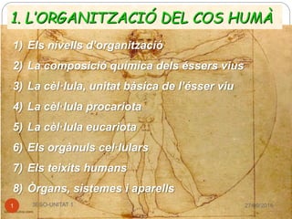 1. L’ORGANITZACIÓ DEL COS HUMÀ
27/09/20163ESO-UNITAT 11
1) Els nivells d’organització
2) La composició química dels éssers vius
3) La cèl·lula, unitat bàsica de l’ésser viu
4) La cèl·lula procariota
5) La cèl·lula eucariota
6) Els orgànuls cel·lulars
7) Els teixits humans
8) Òrgans, sistemes i aparells
 