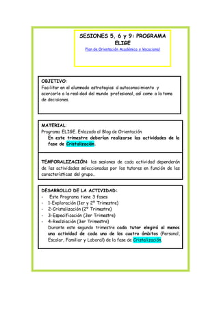 SESIONES 5, 6 y 9: PROGRAMA
ELIGE
Plan de Orientación Académica y Vocacional
OBJETIVO:
Facilitar en el alumnado estrategias d autoconocimiento y
acercarle a la realidad del mundo profesional, así como a la toma
de decisiones.
MATERIAL:
Programa ELIGE. Enlazado al Blog de Orientación
En este trimestre deberían realizarse las actividades de la
fase de Cristalización.
TEMPORALIZACIÓN: las sesiones de cada actividad dependerán
de las actividades seleccionadas por los tutores en función de las
características del grupo..
DESARROLLO DE LA ACTIVIDAD:
- Este Programa tiene 3 fases:
- 1-Exploración (1er y 2º Trimestre)
- 2-Cristalización (2º Trimestre)
- 3-Especificación (3er Trimestre)
- 4-Realziación (3er Trimestre)
Durante este segundo trimestre cada tutor elegirá al menos
una actividad de cada uno de los cuatro ámbitos (Personal,
Escolar, Familiar y Laboral) de la fase de Cristalización.
 