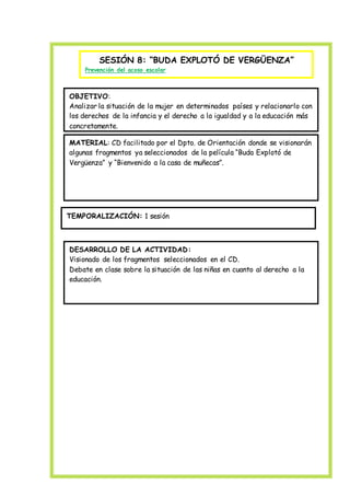 SESIÓN 8: “BUDA EXPLOTÓ DE VERGÜENZA”
Prevención del acoso escolar
OBJETIVO:
Analizar la situación de la mujer en determinados países y relacionarlo con
los derechos de la infancia y el derecho a la igualdad y a la educación más
concretamente.
MATERIAL: CD facilitado por el Dpto. de Orientación donde se visionarán
algunas fragmentos ya seleccionados de la película “Buda Explotó de
Vergüenza” y “Bienvenido a la casa de muñecas”.
TEMPORALIZACIÓN: 1 sesión
DESARROLLO DE LA ACTIVIDAD:
Visionado de los fragmentos seleccionados en el CD.
Debate en clase sobre la situación de las niñas en cuanto al derecho a la
educación.
 