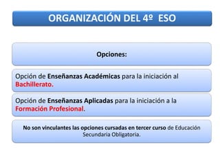 Opciones:
Opción de Enseñanzas Académicas para la iniciación al
Bachillerato.
Opción de Enseñanzas Aplicadas para la iniciación a la
Formación Profesional.
No son vinculantes las opciones cursadas en tercer curso de Educación
Secundaria Obligatoria.
ORGANIZACIÓN DEL 4º ESO
 