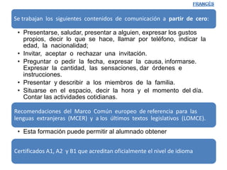 Se trabajan los siguientes contenidos de comunicación a partir de cero:
• Presentarse, saludar, presentar a alguien, expresar los gustos
propios, decir lo que se hace, llamar por teléfono, indicar la
edad, la nacionalidad;
• Invitar, aceptar o rechazar una invitación.
• Preguntar o pedir la fecha, expresar la causa, informarse.
Expresar la cantidad, las sensaciones, dar órdenes e
instrucciones.
• Presentar y describir a los miembros de la familia.
• Situarse en el espacio, decir la hora y el momento del día.
Contar las actividades cotidianas.
Recomendaciones del Marco Común europeo de referencia para las
lenguas extranjeras (MCER) y a los últimos textos legislativos (LOMCE).
• Esta formación puede permitir al alumnado obtener
Certificados A1, A2 y B1 que acreditan oficialmente el nivel de idioma
 
