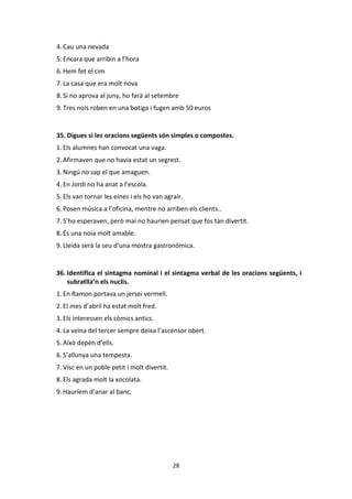 28
4.Cau una nevada
5.Encara que arribin a l’hora
6.Hem fet el cim
7.La casa que era molt nova
8.Si no aprova al juny, ho farà al setembre
9.Tres nois roben en una botiga i fugen amb 50 euros
35. Digues si les oracions següents són simples o compostes.
1. Els alumnes han convocat una vaga.
2. Afirmaven que no havia estat un segrest.
3. Ningú no sap el que amaguen.
4. En Jordi no ha anat a l’escola.
5. Els van tornar les eines i els ho van agrair.
6. Posen música a l’oficina, mentre no arriben els clients..
7. S’ho esperaven, però mai no haurien pensat que fos tan divertit.
8. És una noia molt amable.
9. Lleida serà la seu d’una mostra gastronòmica.
36. Identifica el sintagma nominal i el sintagma verbal de les oracions següents, i
subratlla’n els nuclis.
1. En Ramon portava un jersei vermell.
2. El mes d’abril ha estat molt fred.
3. Els interessen els còmics antics.
4. La veïna del tercer sempre deixa l’ascensor obert.
5. Això depèn d’ells.
6. S’allunya una tempesta.
7. Visc en un poble petit i molt divertit.
8. Els agrada molt la xocolata.
9. Hauríem d’anar al banc.
 