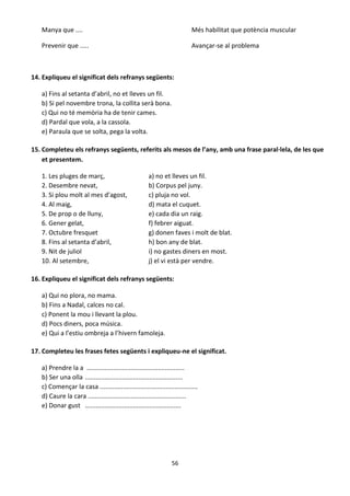56
Manya que .... Més habilitat que potència muscular
Prevenir que ..... Avançar-se al problema
14. Expliqueu el significat dels refranys següents:
a) Fins al setanta d’abril, no et lleves un fil.
b) Si pel novembre trona, la collita serà bona.
c) Qui no té memòria ha de tenir cames.
d) Pardal que vola, a la cassola.
e) Paraula que se solta, pega la volta.
15. Completeu els refranys següents, referits als mesos de l’any, amb una frase paral·lela, de les que
et presentem.
1. Les pluges de març, a) no et lleves un fil.
2. Desembre nevat, b) Corpus pel juny.
3. Si plou molt al mes d’agost, c) pluja no vol.
4. Al maig, d) mata el cuquet.
5. De prop o de lluny, e) cada dia un raig.
6. Gener gelat, f) febrer aiguat.
7. Octubre fresquet g) donen faves i molt de blat.
8. Fins al setanta d’abril, h) bon any de blat.
9. Nit de juliol i) no gastes diners en most.
10. Al setembre, j) el vi està per vendre.
16. Expliqueu el significat dels refranys següents:
a) Qui no plora, no mama.
b) Fins a Nadal, calces no cal.
c) Ponent la mou i llevant la plou.
d) Pocs diners, poca música.
e) Qui a l’estiu ombreja a l’hivern famoleja.
17. Completeu les frases fetes següents i expliqueu-ne el significat.
a) Prendre la a .......................................................
b) Ser una olla .......................................................
c) Començar la casa .......................................................
d) Caure la cara .......................................................
e) Donar gust ......................................................
 