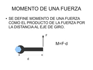 MOMENTO DE UNA FUERZA
●   SE DEFINE MOMENTO DE UNA FUERZA
    COMO EL PRODUCTO DE LA FUERZA POR
    LA DISTANCIA AL EJE DE GIRO.

                   F


                        M=F·d


            d
 