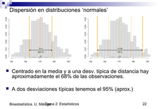 Tema 2: Estadísticos 22Bioestadística. U. Málaga.
Dispersión en distribuciones ‘normales’
 Centrado en la media y a una desv. típica de distancia hay
aproximadamente el 68% de las observaciones.
 A dos desviaciones típicas tenemos el 95% (aprox.)
150 160 170 180 190
0.000.010.020.030.040.05
x±s
68.5 %
150 160 170 180 190
0.000.010.020.030.040.05
x± 2s
95 %
 
