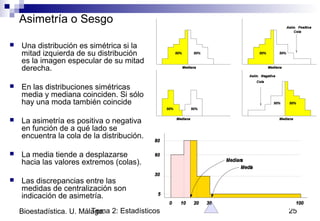 Tema 2: Estadísticos 25Bioestadística. U. Málaga.
Asimetría o Sesgo
 Una distribución es simétrica si la
mitad izquierda de su distribución
es la imagen especular de su mitad
derecha.
 En las distribuciones simétricas
media y mediana coinciden. Si sólo
hay una moda también coincide
 La asimetría es positiva o negativa
en función de a qué lado se
encuentra la cola de la distribución.
 La media tiende a desplazarse
hacia las valores extremos (colas).
 Las discrepancias entre las
medidas de centralización son
indicación de asimetría.
 
