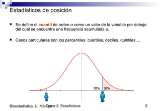 Tema 2: Estadísticos 5Bioestadística. U. Málaga.
Estadísticos de posición
 Se define el cuantil de orden α como un valor de la variable por debajo
del cual se encuentra una frecuencia acumulada α.
 Casos particulares son los percentiles, cuartiles, deciles, quintiles,...
 
