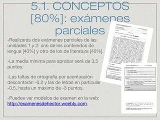 5.1. CONCEPTOS
[80%]: exámenes
parciales
-Realizarás dos exámenes parciales de las
unidades 1 y 2: uno de los contenidos de
lengua [40%] y otro de los de literatura [40%].
-La media mínima para aprobar será de 3,5
puntos.
-Las faltas de ortografía por acentuación
descontarán -0,2 y las de letras en particular
-0,5, hasta un máximo de -3 puntos.
-Puedes ver modelos de examen en la web:
http://examenesdehector.weebly.com.
 