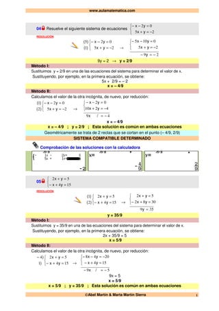 www.aulamatematica.com
©Abel Martín & Marta Martín Sierra 1
04 Resuelve el siguiente sistema de ecuaciones



−=+
=−−
25
02
yx
yx
RESOLUCIÓN



−=+
=−−
25
02
1
5
yx
yx
)(
)(
→
29
25
0105
−=−



−=+
=−−
y
yx
yx
9y = 2 → y = 2/9
Método I:
Sustituimos y = 2/9 en una de las ecuaciones del sistema para determinar el valor de x.
Sustituyendo, por ejemplo, en la primera ecuación, se obtiene:
5x + 2/9 = – 2
x = – 4/9
Método II:
Calculamos el valor de la otra incógnita, de nuevo, por reducción:



−=+
=−−
25
02
2
1
yx
yx
)(
)(
→
49
4210
02
−=



−=+
=−−
/x
yx
yx
x = – 4/9
x = – 4/9 ; y = 2/9 ; Esta solución es común en ambas ecuaciones
Geométricamente se trata de 2 rectas que se cortan en el punto (– 4/9, 2/9)
SISTEMA COMPATIBLE DETERMINADO
Comprobación de las soluciones con la calculadora
05



=+−
=+
154
52
yx
yx
RESOLUCIÓN



=+−
=+
154
52
2
1
yx
yx
)(
)(
→
359
3082
52
=



=+−
=+
y
yx
yx
y = 35/9
Método I:
Sustituimos y = 35/9 en una de las ecuaciones del sistema para determinar el valor de x.
Sustituyendo, por ejemplo, en la primera ecuación, se obtiene:
2x + 35/9 = 5
x = 5/9
Método II:
Calculamos el valor de la otra incógnita, de nuevo, por reducción:



=+−
=+−
154
52
1
4
yx
yx
)
)
→
59
154
2048
−=−



=+−
−=−−
/x
yx
yx
9x = 5
x = 5/9
x = 5/9 ; y = 35/9 ; Esta solución es común en ambas ecuaciones
 
