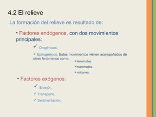 4.2 El relieve
La formación del relieve es resultado de:
   • Factores endógenos, con dos movimientos
   principales:
            Orogénicos.
           Epirogénicos. Estos movimientos vienen acompañados de
          otros fenómenos como:
                                  terremotos.
                                  maremotos.
                                  volcanes.

   • Factores exógenos:
           Erosión.
           Transporte.
           Sedimentación.
 