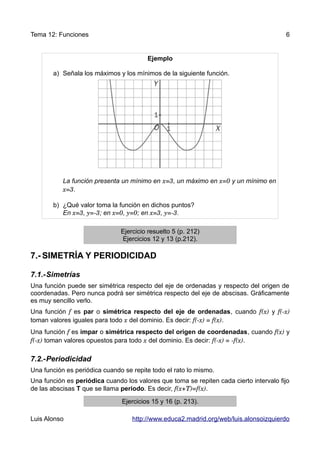 Tema 12: Funciones                                                                      6


                                        Ejemplo

       a) Señala los máximos y los mínimos de la siguiente función.




           La función presenta un mínimo en x=3, un máximo en x=0 y un mínimo en
           x=3.

       b) ¿Qué valor toma la función en dichos puntos?
          En x=3, y=­3; en x=0, y=0; en x=3, y=­3.

                               Ejercicio resuelto 5 (p. 212)
                               Ejercicios 12 y 13 (p.212).

7.- SIMETRÍA Y PERIODICIDAD

7.1.-Simetrías
Una función puede ser simétrica respecto del eje de ordenadas y respecto del origen de
coordenadas. Pero nunca podrá ser simétrica respecto del eje de abscisas. Gráficamente
es muy sencillo verlo.
Una función f es par o simétrica respecto del eje de ordenadas, cuando f(x) y f(­x) 
toman valores iguales para todo x del dominio. Es decir: f(­x) = f(x).
Una función f es impar o simétrica respecto del origen de coordenadas, cuando f(x) y
f(­x) toman valores opuestos para todo x del dominio. Es decir: f(­x) = ­f(x).

7.2.-Periodicidad
Una función es periódica cuando se repite todo el rato lo mismo.
Una función es periódica cuando los valores que toma se repiten cada cierto intervalo fijo
de las abscisas T que se llama periodo. Es decir, f(x+T)=f(x).

                               Ejercicios 15 y 16 (p. 213).

Luis Alonso                        http://www.educa2.madrid.org/web/luis.alonsoizquierdo
 
