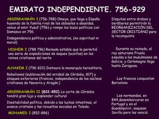 HISHEM I   (788 796) Reinado estable que le permitió una serie de expediciones de saqueo (aceifas) en los reinos cristianos del norte Disputas entre árabes y beréberes permitirán la REORGANIZACIÓN DEL SECTOR CRISTIANO para la reconquista Durante su reinado, el rey asturiano Fruela expulsa a los musulmanes de Galicia, y Carlomagno llega hasta Zaragoza.  Los francos conquistan Barcelona Los normandos, en 844,desembarcaran en Portugal y en el Guadalquivir, saquean Sevilla pero los venció. EMIRATO INDEPENDIENTE. 756-929 ABDERRAHMÁN   I  (756-788) Omeya, que llega a España huyendo de la familia rival de los abbasíes o abasidas, vence al emir Yusuf (756) y rompe los lazos políticos con Damasco en 756. Independencia política y administrativa, (no espiritual ni moral) MOHAMED I  (852-886) ABDERRAHMÁN II  (822-852)  La corte de Córdoba tendrá gran lujo y esplendor cultural  Inestabilidad política, debido a las luchas intestinas, el avance cristiano y las revueltas sociales en Toledo.  ALHAKEM I  (796 822) Instaura la monarquía hereditaria. Rebeliones (sublevación del arrabal de Córdoba, 817) y ataques exteriores (francos, independencia de los núcleos cristianos de Navarra y Aragón.) 