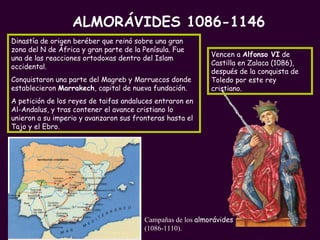 Campañas de los  almorávides  (1086-1110).   Vencen a  Alfonso VI  de Castilla en Zalaca (1086), después de la conquista de Toledo por este rey cristiano. Dinastía de origen beréber que reinó sobre una gran zona del N de África y gran parte de la Penísula. Fue una de las reacciones ortodoxas dentro del Islam occidental.  Conquistaron una parte del Magreb y Marruecos donde establecieron  Marrakech , capital de nueva fundación.  A petición de los reyes de taifas andaluces entraron en Al-Andalus, y tras contener el avance cristiano lo unieron a su imperio y avanzaron sus fronteras hasta el Tajo y el Ebro. ALMORÁVIDES 1086-1146 