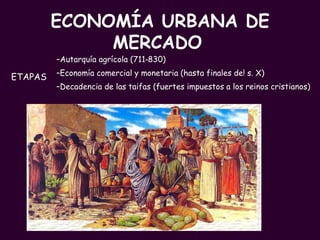 ECONOMÍA URBANA DE MERCADO   Autarquía agrícola (711‑830) Economía comercial y monetaria (hasta finales de! s. X) Decadencia de las taifas (fuertes impuestos a los reinos cristianos) ETAPAS 