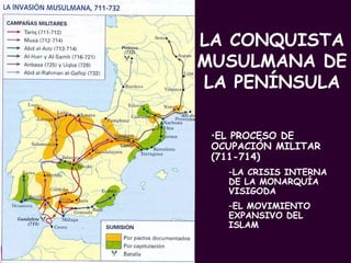 LA CONQUISTA MUSULMANA DE LA PENÍNSULA EL PROCESO DE OCUPACIÓN MILITAR (711-714) LA CRISIS INTERNA DE LA MONARQUÍA VISIGODA EL MOVIMIENTO EXPANSIVO DEL ISLAM 