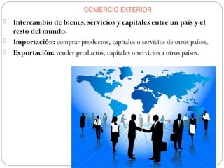 COMERCIO EXTERIOR
 Intercambio de bienes, servicios y capitales entre un país y el
resto del mundo.
 Importación: comprar productos, capitales o servicios de otros países.
 Exportación: vender productos, capitales o servicios a otros países.
 