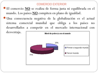 COMERCIO EXTERIOR
El comercio NO se realiza de forma justa ni equilibrada en el
mundo. Los países NO compiten en plano de igualdad.
Una consecuencia negativa de la globalización es el actual
sistema comercial mundial que obliga a los países no
desarrollados a competir en el mercado internacional con
desventaja.
 