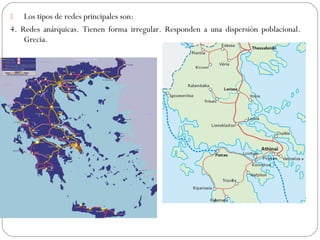  Los tipos de redes principales son:
4. Redes anárquicas. Tienen forma irregular. Responden a una dispersión poblacional.
Grecia.
 