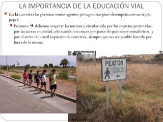 LA IMPORTANCIA DE LA EDUCACIÓN VIAL
 En la carretera las personas somos agentes protagonistas pues desempeñamos un triple
papel:
Peatones  debemos respetar las normas y circular sólo por los espacios permitidos:
por las aceras en ciudad, efectuando los cruces por pasos de peatones y semafóricos, y
por el arcén del carril izquierdo en carretera, siempre que no sea posible hacerlo por
fuera de la misma.
 