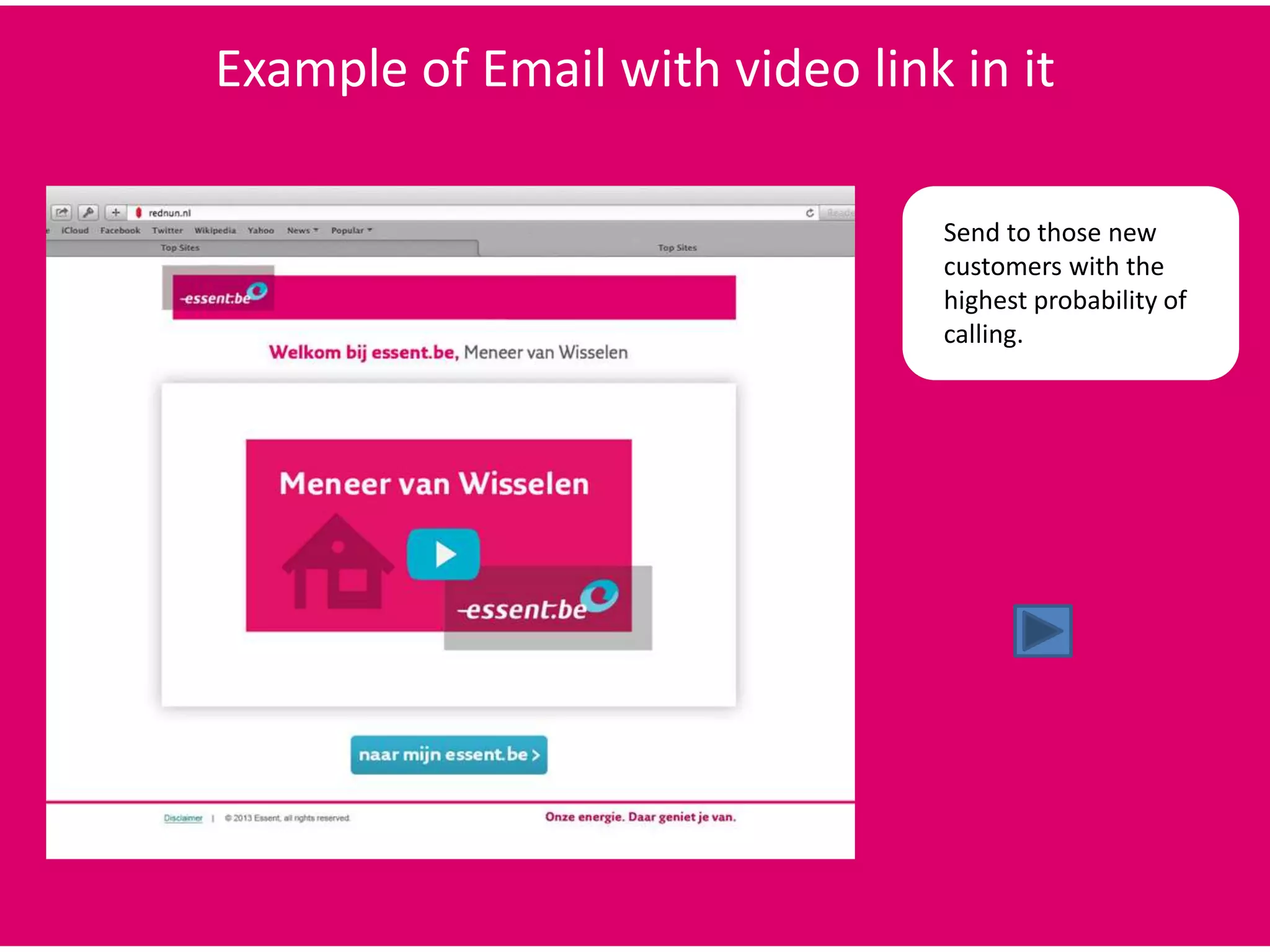 Example of Email with video link in it
Send to those new
customers with the
highest probability of
calling.
 