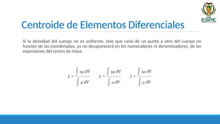 Centroide de Elementos Diferenciales
Si la densidad del cuerpo no es uniforme, sino que varía de un punto a otro del cuerpo en
función de las coordenadas, ya no desaparecerá en los numeradores ni denominadores, de las
expresiones del centro de masa.
 